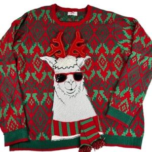 Festive Red & Green Llama Ugly Christmas Sweater